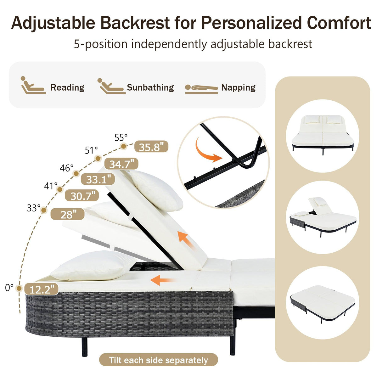 Outdoor Daybed, Patio Rattan Daybed with 5-Position Adjustable Backrest and Removable Cushions & Pillows for Garden, Backyard, Poolside-户外家居套装-Parc Decor