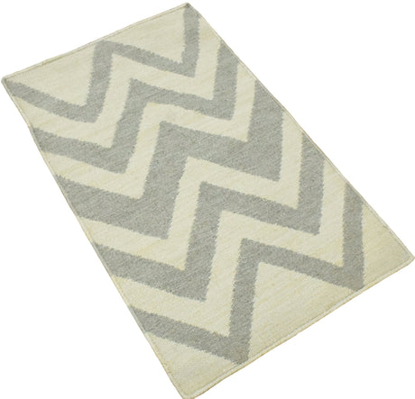 Outdoor Safe Chevron Pattern Silver and Beige Dhurrie Rug-All Products-Parc Decor