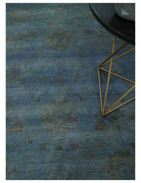 Overdyed Blue Hand Knotted 8x10 Traditional Antique Style Oushak Wool Accent Rug