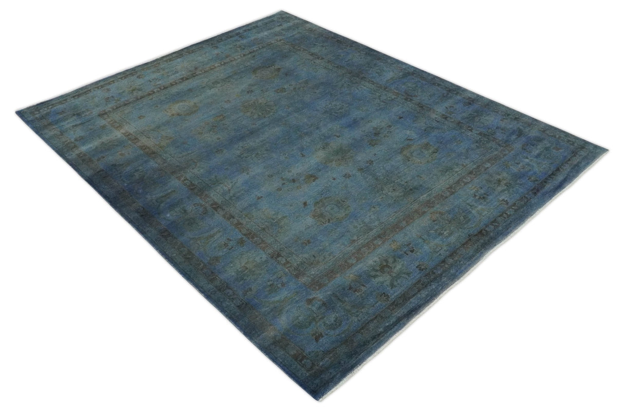Overdyed Blue Hand Knotted 8x10 Traditional Antique Style Oushak Wool Accent Rug-Area Rug-Parc Decor