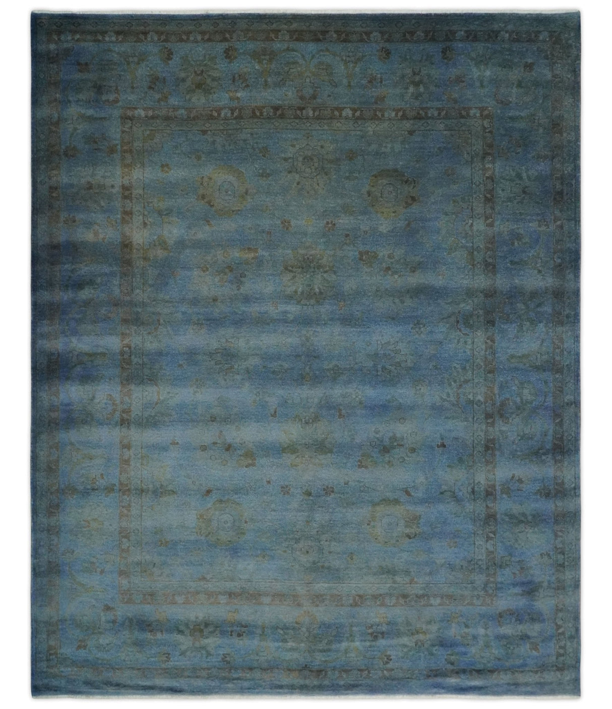 Overdyed Blue Hand Knotted 8x10 Traditional Antique Style Oushak Wool Accent Rug