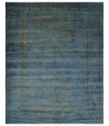 Overdyed Blue Hand Knotted 8x10 Traditional Antique Style Oushak Wool Accent Rug