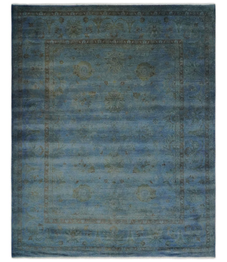 Overdyed Blue Hand Knotted 8x10 Traditional Antique Style Oushak Wool Accent Rug