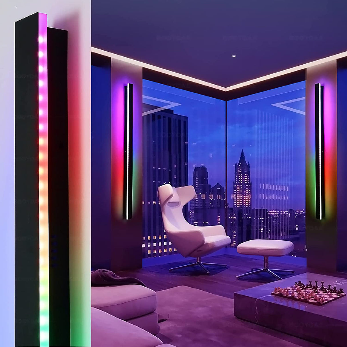 Black Parc Sconce outdoor wall light with RGB LEDs, illuminating a modern living space with city views.