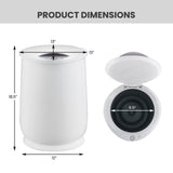 White towel warming bucket with lid, 18.5" tall, 12" wide, and 9.5" interior diameter.
