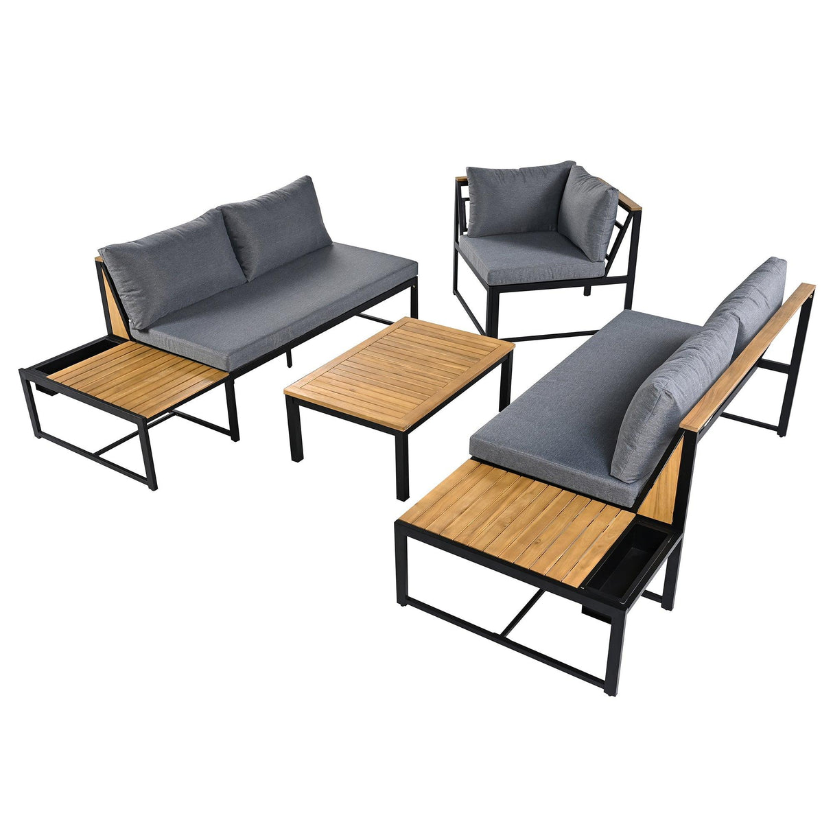 Patio Furniture Set with Loveseats, 4 Pieces Outdoor Sofa Set with Waterproof Cushions, Durable Iron-Wood Design for Garden, Backyard, Poolside-户外组合沙发套装-Parc Decor
