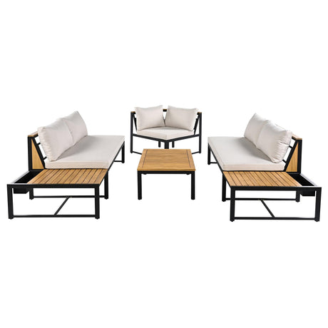 Patio Furniture Set with Loveseats, 4 Pieces Outdoor Sofa Set with Waterproof Cushions, Durable Iron-Wood Design for Garden, Backyard, Poolside-户外组合沙发套装-Parc Decor