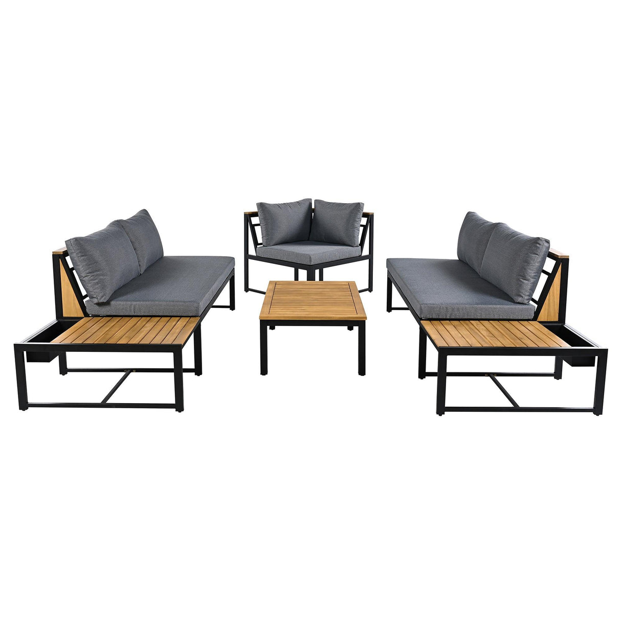 Patio Furniture Set with Loveseats, 4 Pieces Outdoor Sofa Set with Waterproof Cushions, Durable Iron-Wood Design for Garden, Backyard, Poolside-户外组合沙发套装-Parc Decor