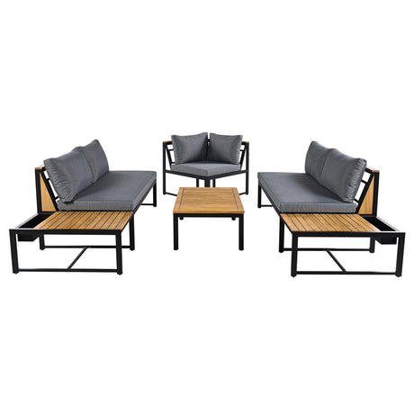Patio Furniture Set with Loveseats, 4 Pieces Outdoor Sofa Set with Waterproof Cushions, Durable Iron-Wood Design for Garden, Backyard, Poolside-户外组合沙发套装-Parc Decor