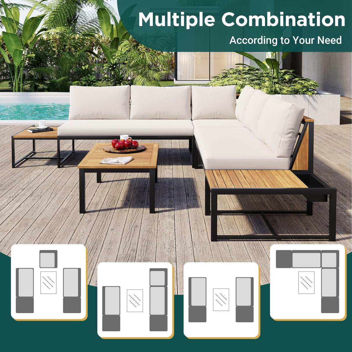 Patio Furniture Set with Loveseats, 4 Pieces Outdoor Sofa Set with Waterproof Cushions, Durable Iron-Wood Design for Garden, Backyard, Poolside-户外组合沙发套装-Parc Decor