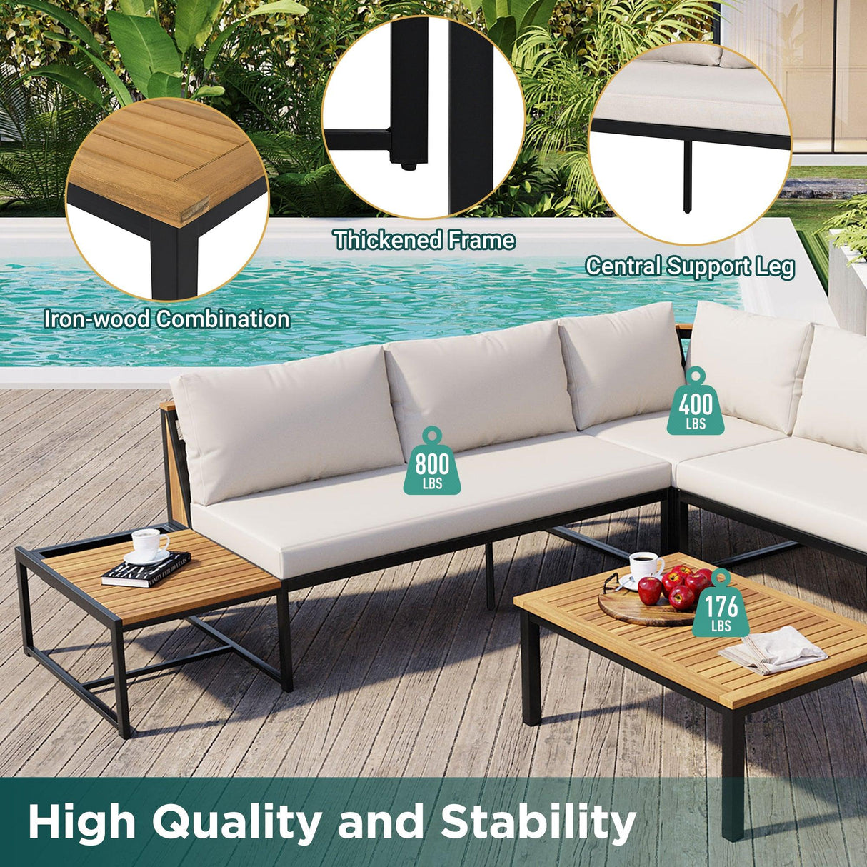 Patio Furniture Set with Loveseats, 4 Pieces Outdoor Sofa Set with Waterproof Cushions, Durable Iron-Wood Design for Garden, Backyard, Poolside-户外组合沙发套装-Parc Decor