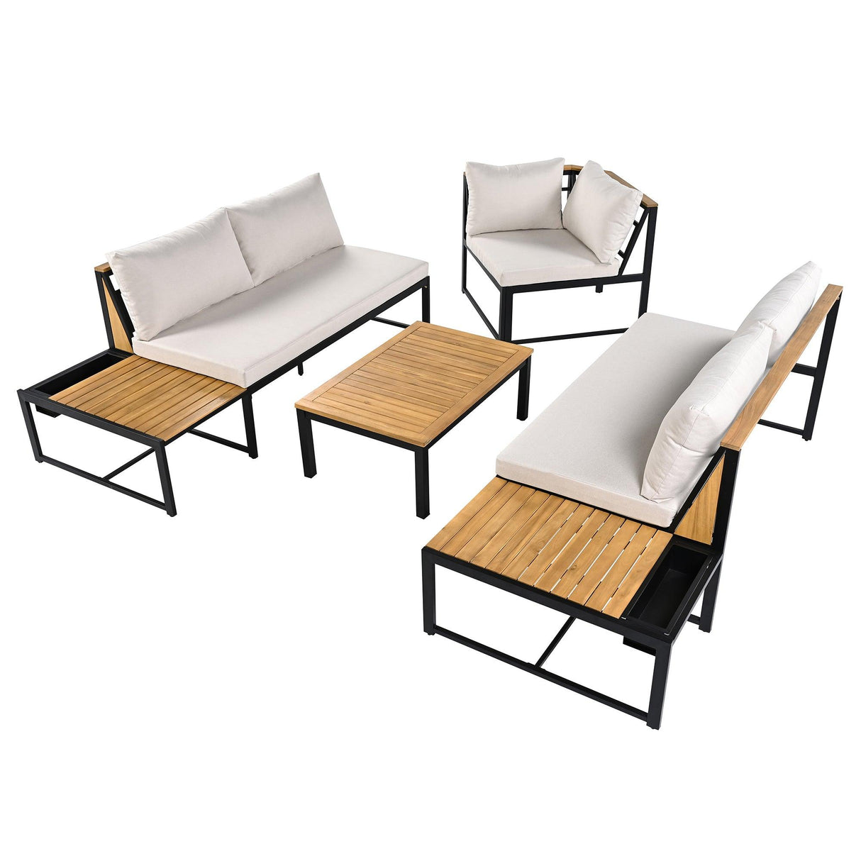 Patio Furniture Set with Loveseats, 4 Pieces Outdoor Sofa Set with Waterproof Cushions, Durable Iron-Wood Design for Garden, Backyard, Poolside-户外组合沙发套装-Parc Decor