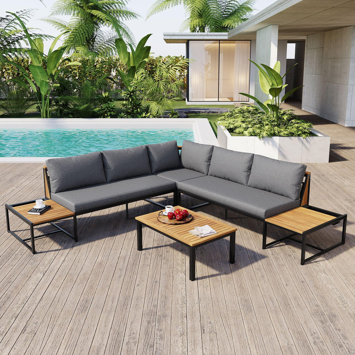 Patio Furniture Set with Loveseats, 4 Pieces Outdoor Sofa Set with Waterproof Cushions, Durable Iron-Wood Design for Garden, Backyard, Poolside-户外组合沙发套装-Parc Decor