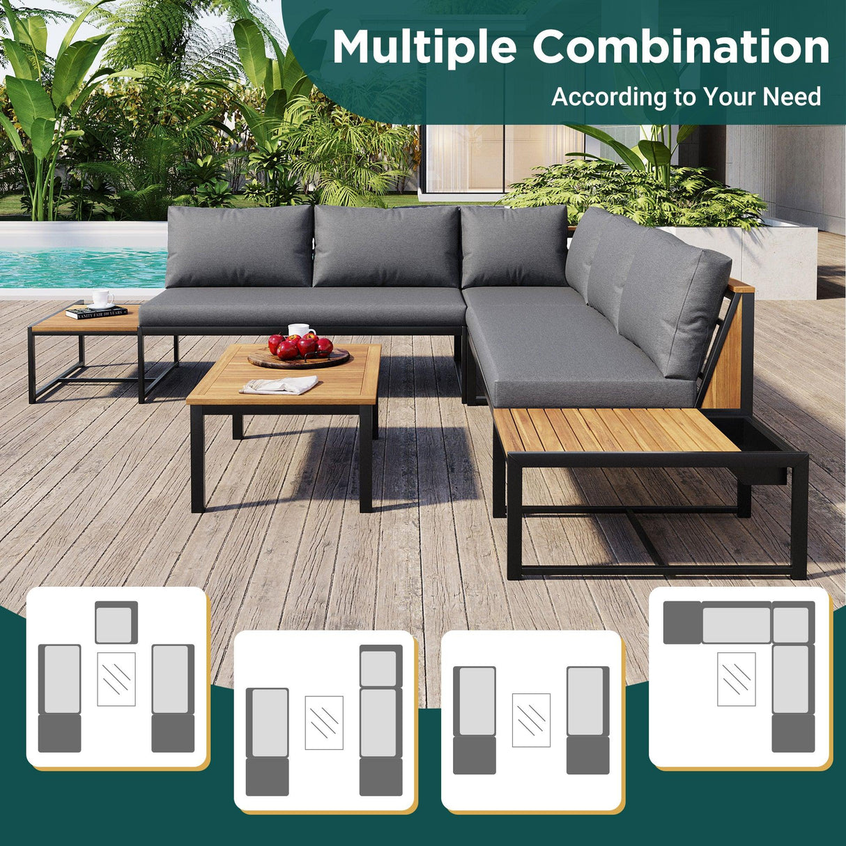 Patio Furniture Set with Loveseats, 4 Pieces Outdoor Sofa Set with Waterproof Cushions, Durable Iron-Wood Design for Garden, Backyard, Poolside-户外组合沙发套装-Parc Decor