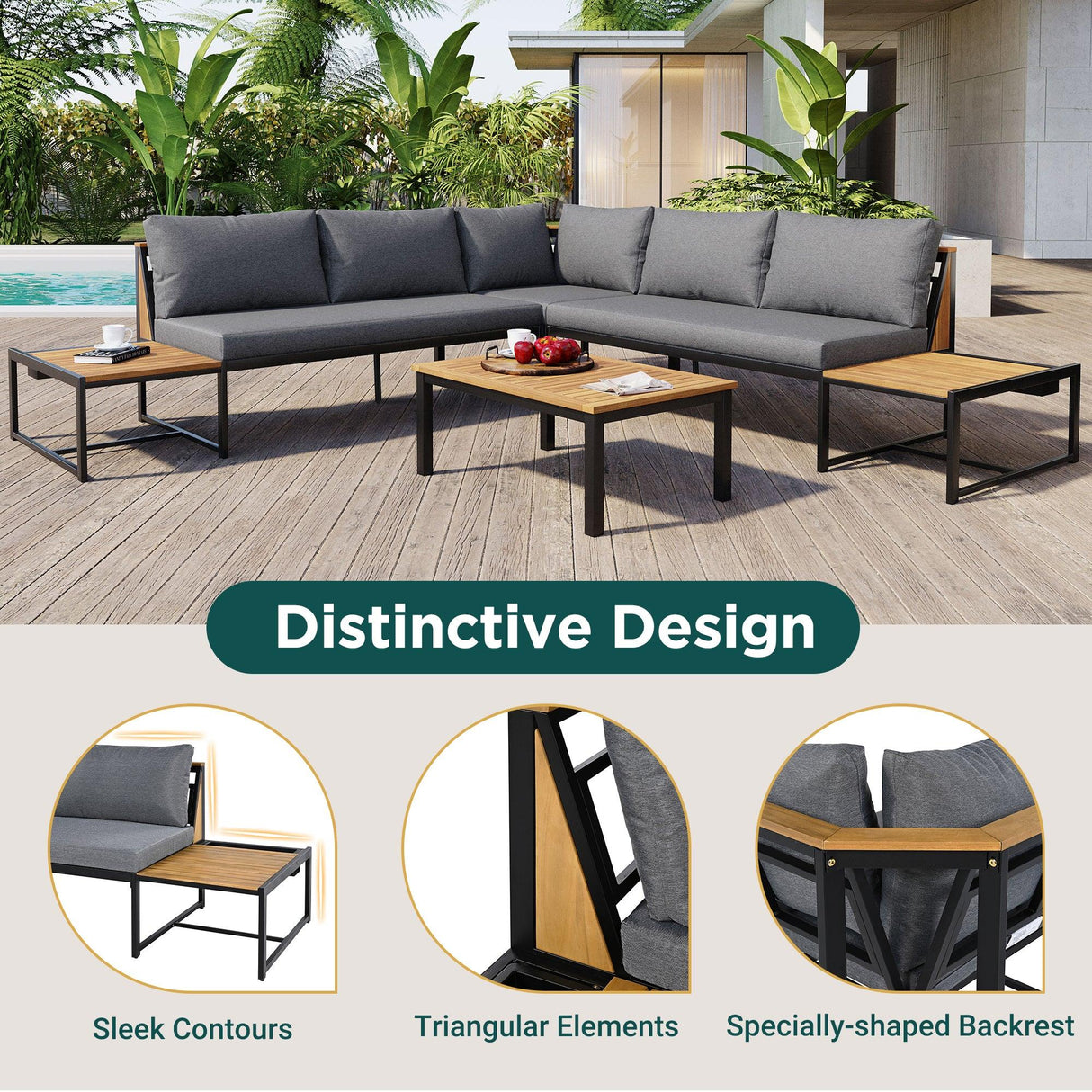 Patio Furniture Set with Loveseats, 4 Pieces Outdoor Sofa Set with Waterproof Cushions, Durable Iron-Wood Design for Garden, Backyard, Poolside-户外组合沙发套装-Parc Decor