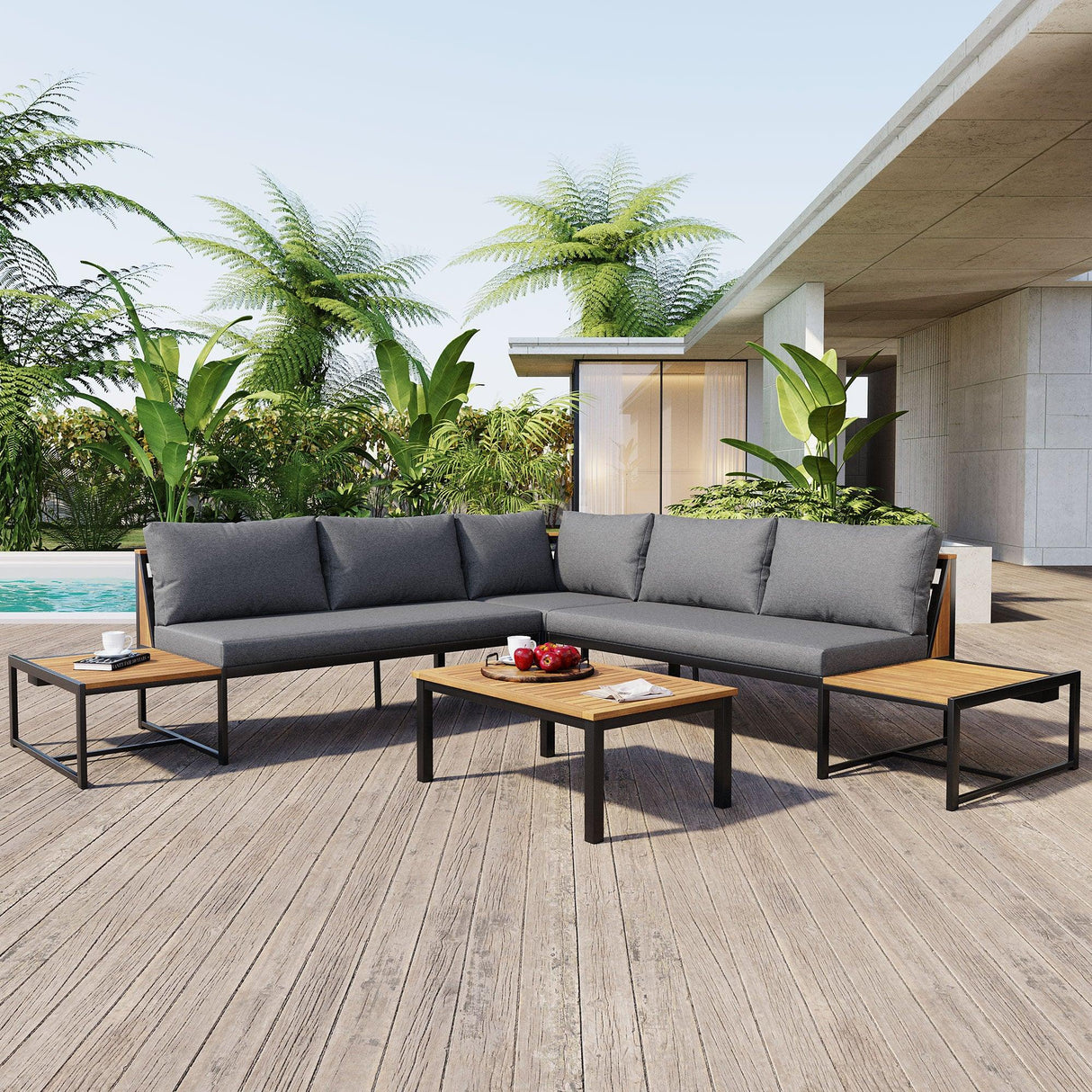 Patio Furniture Set with Loveseats, 4 Pieces Outdoor Sofa Set with Waterproof Cushions, Durable Iron-Wood Design for Garden, Backyard, Poolside-户外组合沙发套装-Parc Decor