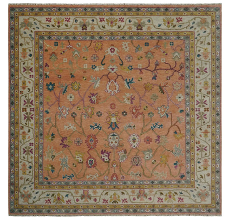 Peach and Ivory Hand knotted Oushak Custom Made wool Area Rug