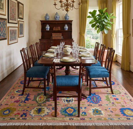 Peach, Blue and Olive Hand knotted Traditional Custom Made Oushak wool Area Rug