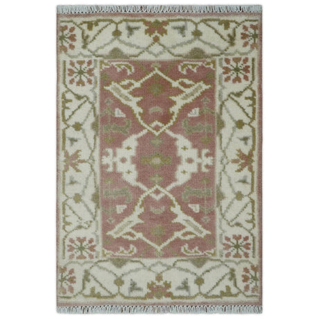 Peach, Ivory and Olive hand knotted 2x3 Oriental Oushak Wool Area Rug-Area Rug-Parc Decor