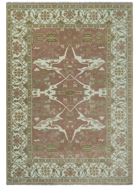 Peach, Ivory and Olive Hand knotted Multi size Oriental Oushak Traditional Wool Area Rug