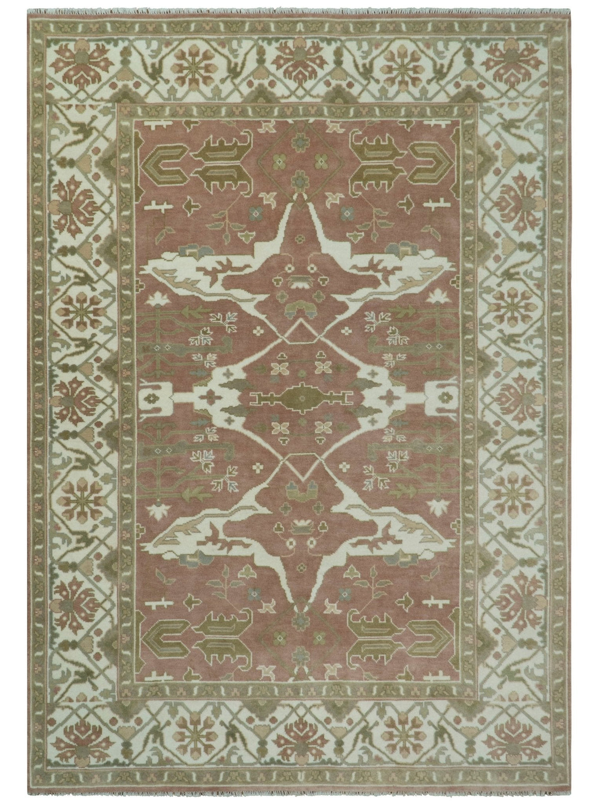 Pfirsich, Elfenbein und Olivgrün handgeknüpfter, mehrfarbiger orientalischer Ouschak-Teppich in verschiedenen Größen aus traditioneller Wolle