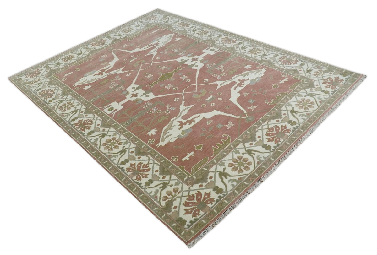Pfirsich, Elfenbein und Olivgrün handgeknüpfter, mehrfarbiger orientalischer Ouschak-Teppich in verschiedenen Größen aus traditioneller Wolle