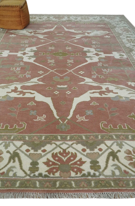 Peach, Ivory and Olive Hand knotted Multi size Oriental Oushak Traditional Wool Area Rug