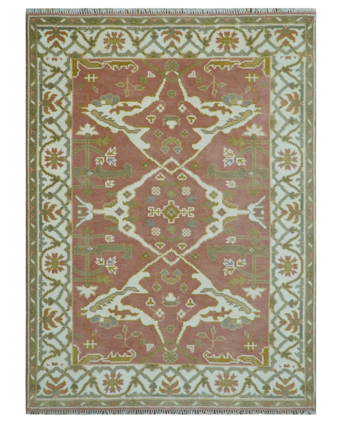 Pfirsich, Elfenbein und Olivgrün handgeknüpfter, mehrfarbiger orientalischer Ouschak-Teppich in verschiedenen Größen aus traditioneller Wolle