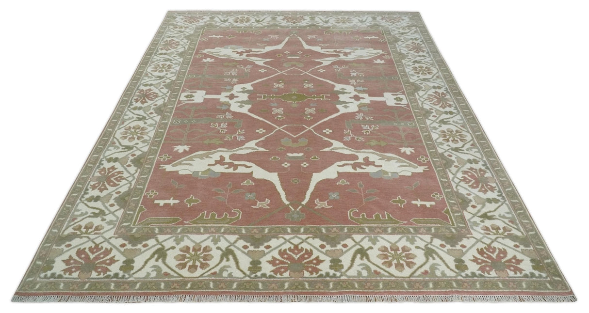 Peach, Ivory and Olive Hand knotted Multi size Oriental Oushak Traditional Wool Area Rug