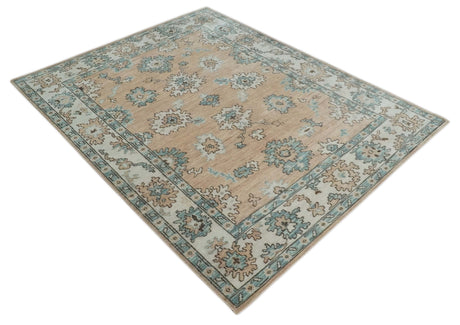 Peach, Ivory and Teal Hand knotted Traditional Oushak 8x10 wool Area Rug