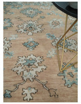 Peach, Ivory and Teal Hand knotted Traditional Oushak 8x10 wool Area Rug