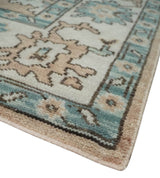 Peach, Ivory and Teal Hand knotted Traditional Oushak 8x10 wool Area Rug