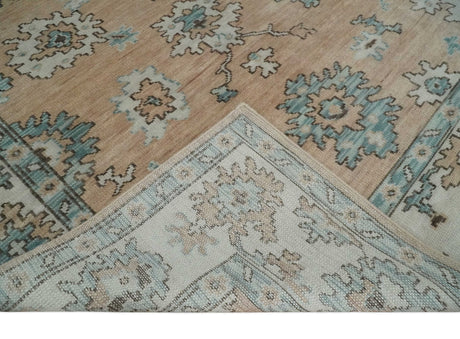 Peach, Ivory and Teal Hand knotted Traditional Oushak 8x10 wool Area Rug