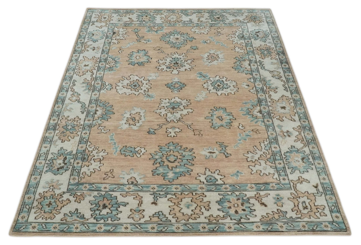 Peach, Ivory and Teal Hand knotted Traditional Oushak 8x10 wool Area Rug