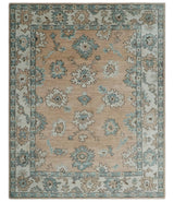 Peach, Ivory and Teal Hand knotted Traditional Oushak 8x10 wool Area Rug