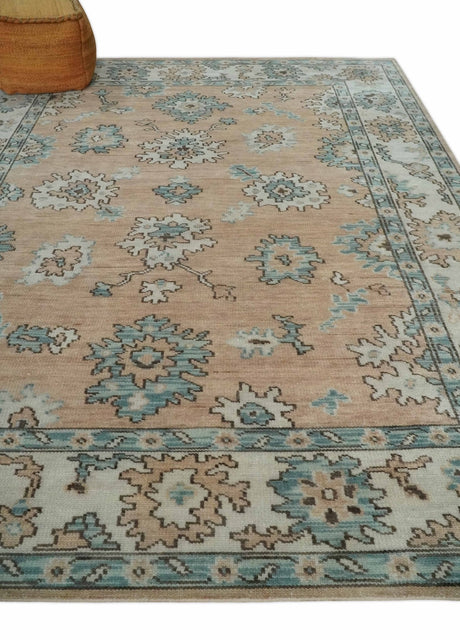 Peach, Ivory and Teal Hand knotted Traditional Oushak Multi Size wool Area Rug
