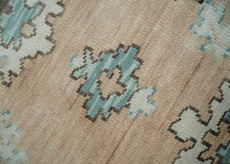 Peach, Ivory and Teal Hand knotted Traditional Oushak Multi Size wool Area Rug