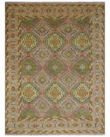Peach, Mustard, Brown and Gray Oriental Hand Knotted Multi Size Wool Area Rug, Living Room and Bedroom Rug