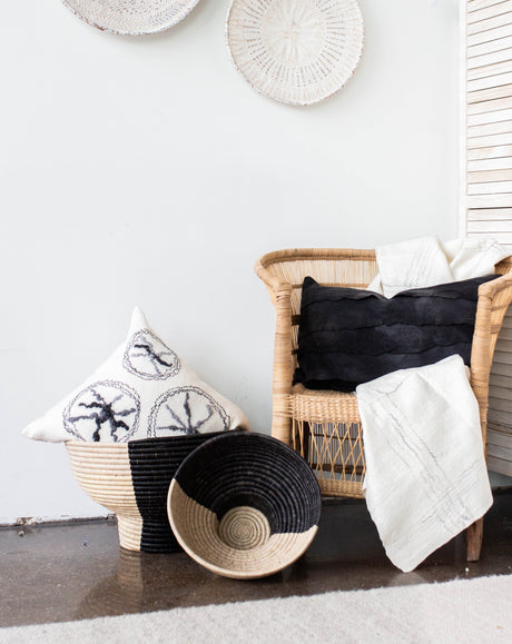 Pedestal Black and Natural Basket Bowl-Baskets & Vessels-Parc Decor