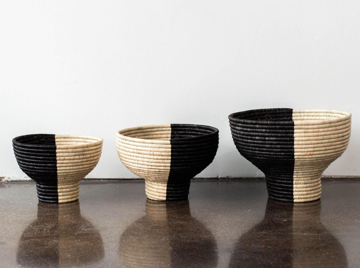 Pedestal Black and Natural Basket Bowl-Baskets & Vessels-Parc Decor