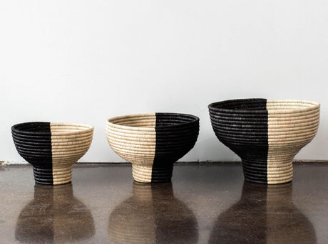 Pedestal Black and Natural Basket Bowl-Baskets & Vessels-Parc Decor