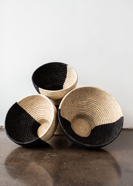 Pedestal Black and Natural Basket Bowl-Baskets & Vessels-Parc Decor