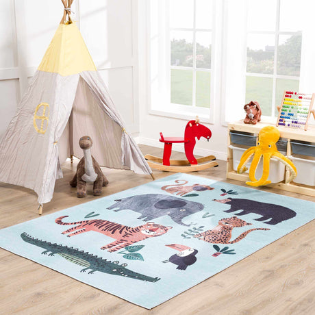 Petey Blue Animal Print Washable Kids Rug - Clearance-Rugs-Parc Decor