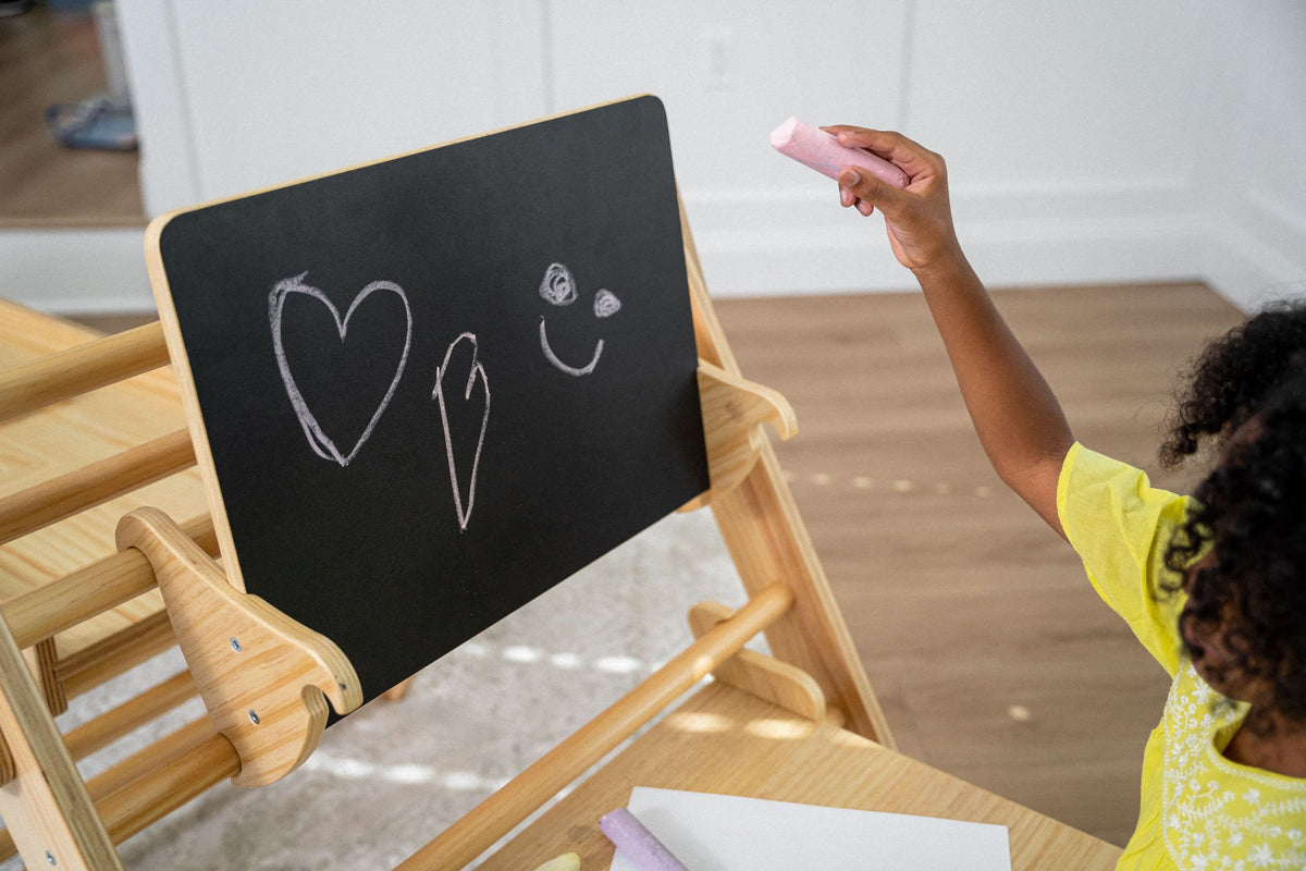 Pikler Triangle Desk & Chair Attachment | Toddler Desk with Chalkboard for Hazel & Olive Climbers