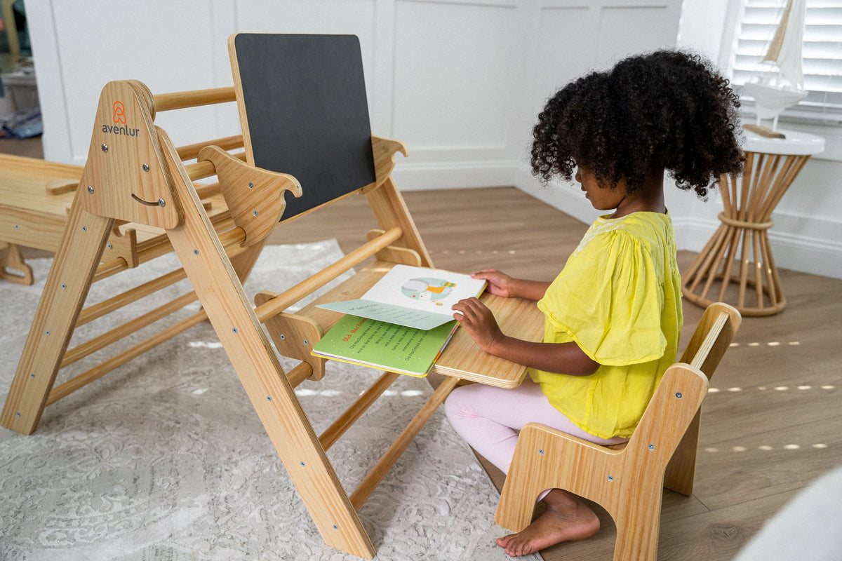 Pikler Triangle Desk & Chair Attachment | Toddler Desk with Chalkboard for Hazel & Olive Climbers