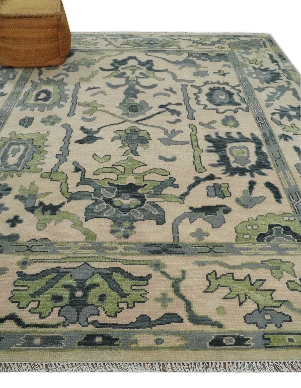 Tapete de área tradicional Oushak de lã, com nós feitos à mão, em bege, cinza-carvão e verde