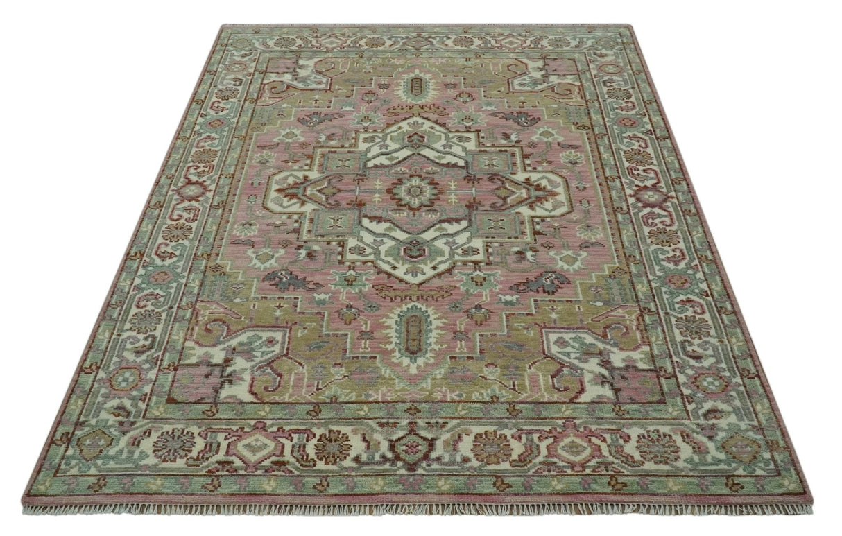 Pink, Ivory and Olive Hand Knotted Traditional Custom Made Size wool Rug