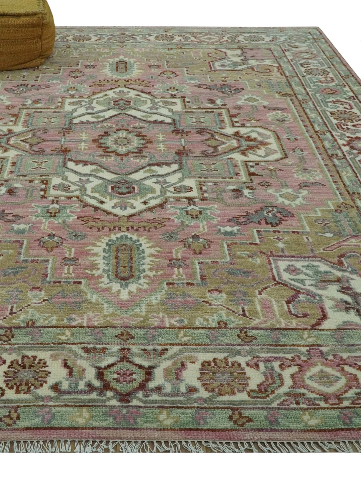 Pink, Ivory and Olive Hand Knotted Traditional Custom Made Size wool Rug