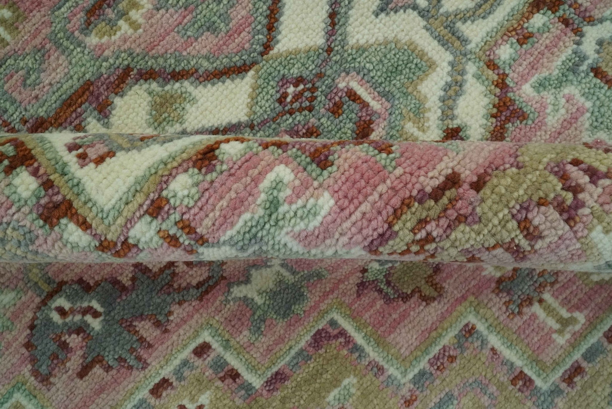 Pink, Ivory and Olive Hand Knotted Traditional Custom Made Size wool Rug