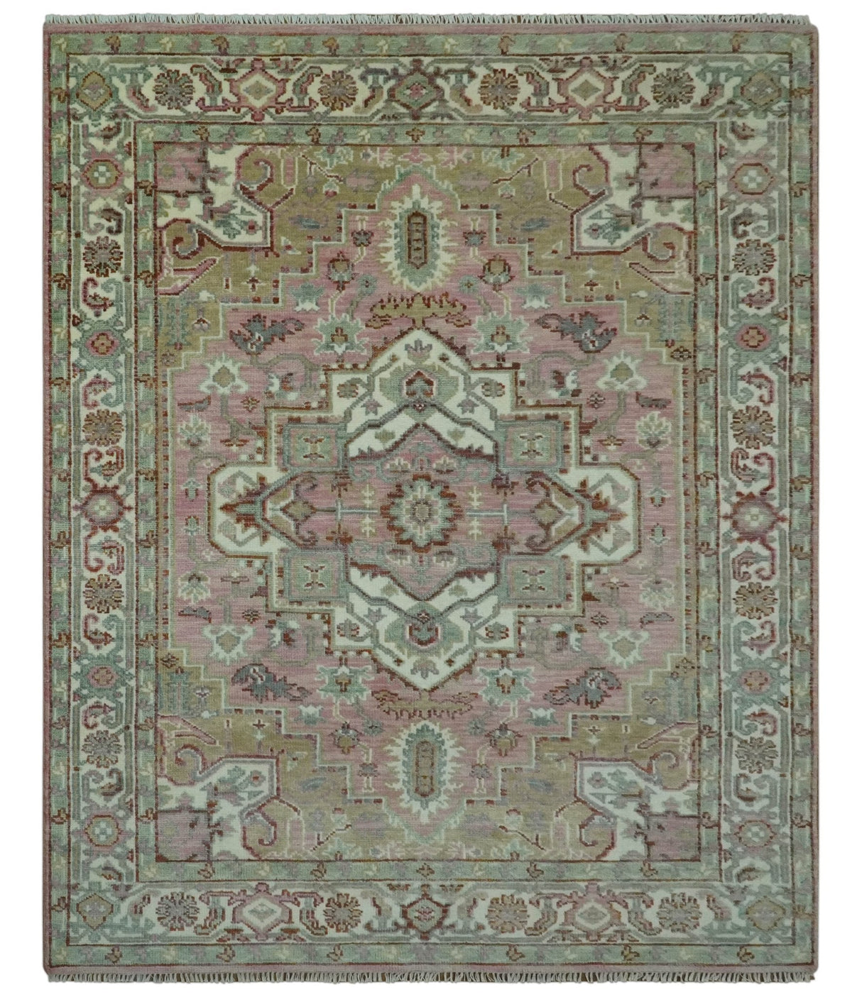 Pink, Ivory and Olive Hand Knotted Traditional Custom Made Size wool Rug